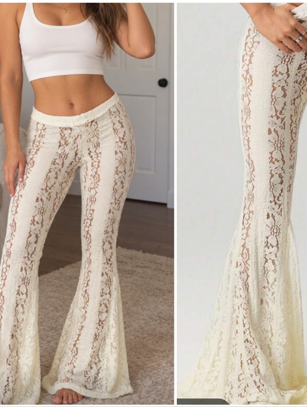 Lace Flare Sheer Pants in Cream - Women Size Large